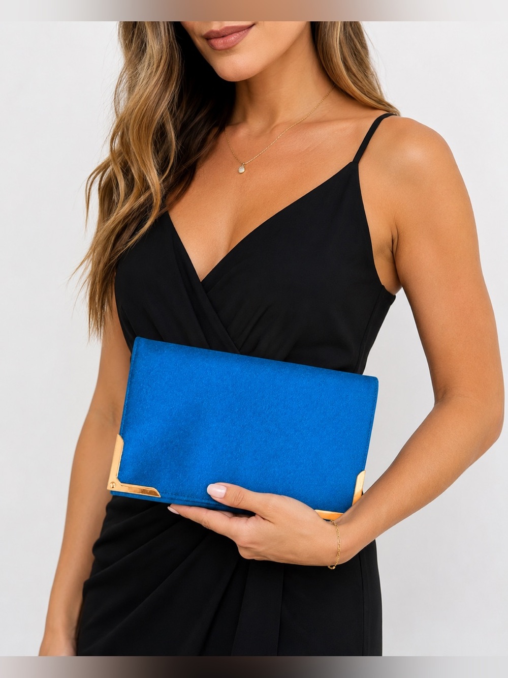 Shiraleah Chicago Blue Wool Blend Envelope Clutch Purse Gold Corner Accents Glam